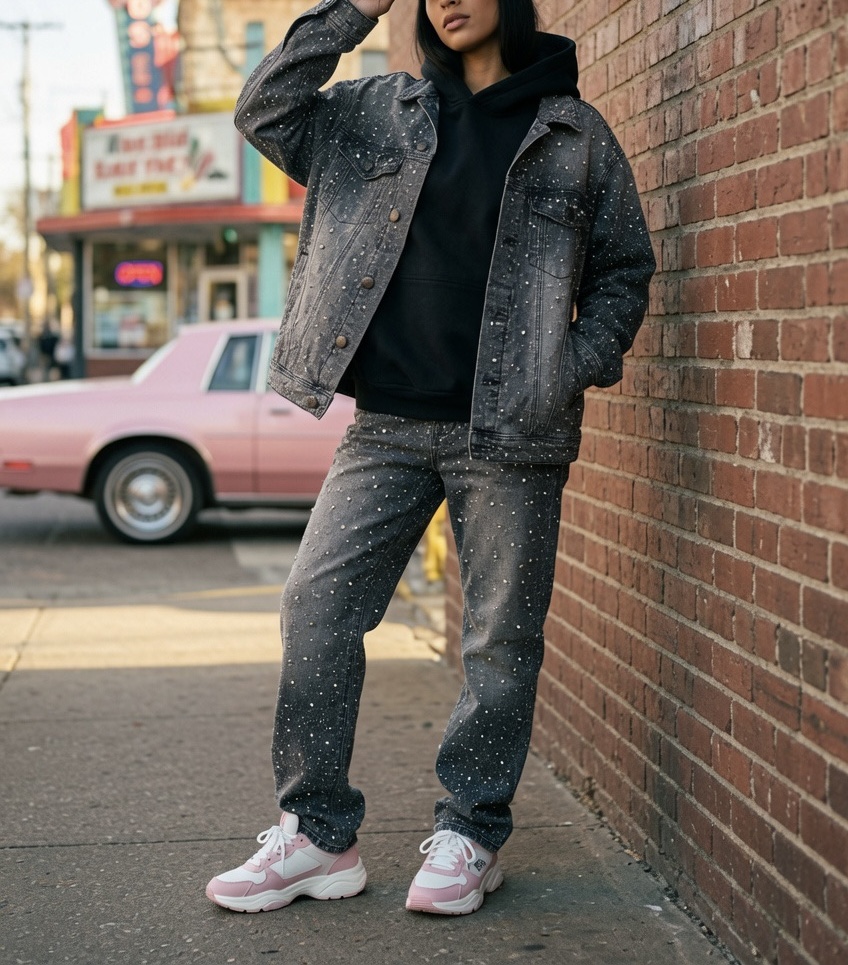 Black Hoodie with Rhinestone Denim
